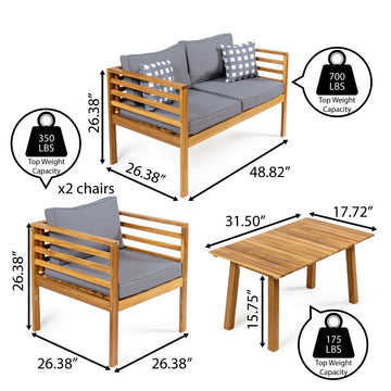 Thom 4-Piece Mid-Century Modern Acacia Wood Outdoor Patio Set with Cushions and Plaid Decorative Pillows - JONATHAN Y